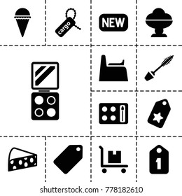 Product icons. set of 13 editable filled product icons such as tag, mascara, ice cream, cargo tag, cargo on cart, cheese, baby potty, eyeshadow palette