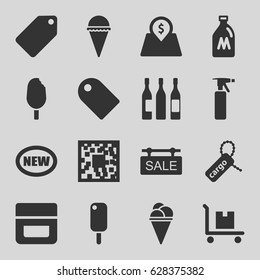 Product icons set. set of 16 product filled icons such as milk can, spray bottle, tag, cream, ice cream, cargo tag, cargo on cart, wine glass, sale tag, lot price, new