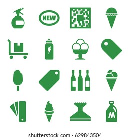 Product icons set. set of 16 product filled icons such as milk can, tag, spray bottle, window squeegee, ice cream, cargo on cart, wine glass, energetic drink, new