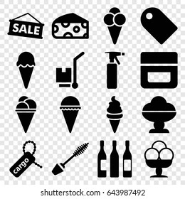Product icons set. set of 16 product filled icons such as cheese, spray bottle, mascara, cream, ice cream, cargo tag, cargo on cart, wine glass, tag