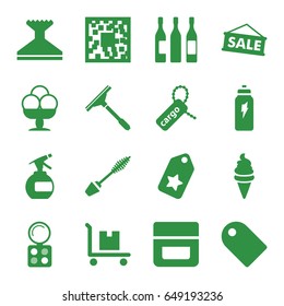 Product icons set. set of 16 product filled icons such as spray bottle, mascara, eyeshadow palette, cream, window squeegee, ice cream, cargo tag, cargo on cart, wine glass