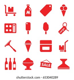 Product icons set. set of 16 product filled icons such as milk can, tag, eyeshadow palette, cream, window squeegee, ice cream, cargo tag, cargo on cart, wine glass