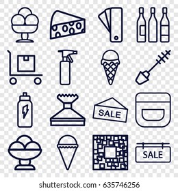 Product icons set. set of 16 product outline icons such as tag, spray bottle, mascara, cream, window squeegee, ice cream, cargo on cart, wine glass, sale tag, cheese