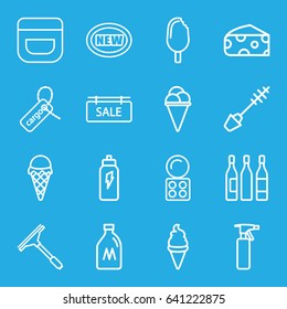Product icons set. set of 16 product outline icons such as milk can, cheese, spray bottle, mascara, eyeshadow palette, cream, window squeegee, ice cream, cargo tag, wine glass