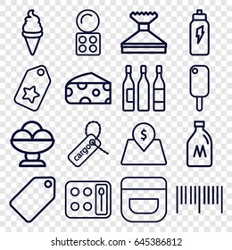 Product icons set. set of 16 product outline icons such as milk can, cheese, tag, eyeshadow palette, cream, window squeegee, ice cream, cargo tag, wine glass, lot price