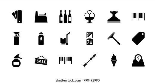 Product icons. set of 18 editable filled product icons: tag, window squeegee, barcode, ice cream, cargo on cart, sale, wine glass, lot price, energetic drink, baby potty