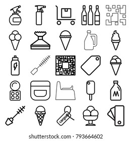 Product icons. set of 25 editable outline product icons such as milk can, spray bottle, tag, mascara, eyeshadow palette, cream, window squeegee, qr code, ice cream, cargo tag