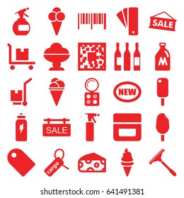 Product icons set. set of 25 product filled icons such as milk can, cheese, tag, spray bottle, eyeshadow palette, cream, window squeegee, ice cream, cargo tag, cargo on cart