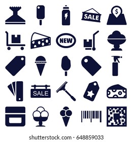 Product icons set. set of 25 product filled icons such as cheese, tag, spray bottle, cream, window squeegee, ice cream, cargo on cart, sale tag, lot price, energetic drink