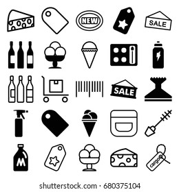 Product icons set. set of 25 product filled and outline icons such as milk can, spray bottle, eyeshadow palette, window squeegee, ice cream, wine glass, energetic drink, tag