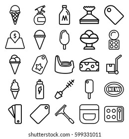 product icons set. Set of 25 product outline icons such as milk can, cheese, tag, baby potty, spray bottle, mascara, eyeshadow palette, cream, window squeegee, ice cream