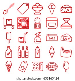 Product icons set. set of 25 product outline icons such as milk can, cheese, baby potty, tag, spray bottle, mascara, eyeshadow palette, cream, window squeegee, ice cream