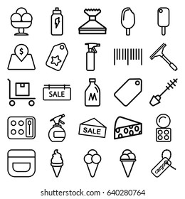Product icons set. set of 25 product outline icons such as milk can, spray bottle, tag, mascara, eyeshadow palette, cream, window squeegee, ice cream, cargo tag, cargo on cart