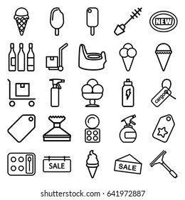 Product icons set. set of 25 product outline icons such as baby potty, spray bottle, tag, mascara, eyeshadow palette, window squeegee, ice cream, cargo tag, cargo on cart