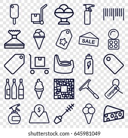 Product icons set. set of 25 product outline icons such as baby potty, spray bottle, tag, mascara, eyeshadow palette, window squeegee, ice cream, cargo tag, cargo on cart
