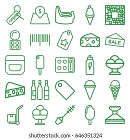 Product icons set. set of 25 product outline icons such as cheese, baby potty, mascara, eyeshadow palette, cream, window squeegee, ice cream, cargo tag, cargo on cart