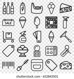 Product icons set. set of 25 product outline icons such as cheese, tag, baby potty, spray bottle, mascara, eyeshadow palette, cream, window squeegee, ice cream, cargo tag