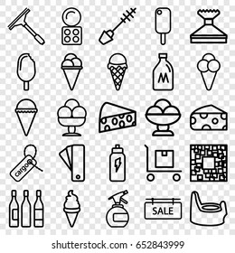 Product icons set. set of 25 product outline icons such as milk can, cheese, tag, baby potty, spray bottle, mascara, eyeshadow palette, window squeegee, ice cream, cargo tag