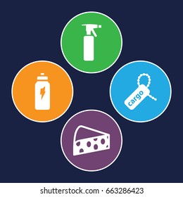 Product icons set. set of 4 product filled icons such as spray bottle, cargo tag, cheese