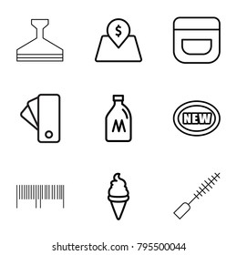 Product icons. set of 9 editable outline product icons such as milk can, cream, new, ice cream, lot price, tag, mascara, window squeegee