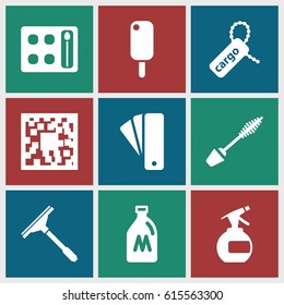 Product icons set. set of 9 product filled icons such as milk can, tag, spray bottle, mascara, eyeshadow palette, window squeegee, cargo tag, qr code