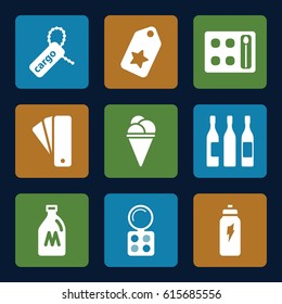 Product icons set. set of 9 product filled icons such as milk can, tag, eyeshadow palette, ice cream, cargo tag, wine glass