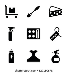 Product icons set. set of 9 product filled icons such as spray bottle, mascara, eyeshadow palette, window squeegee, cargo tag, cargo on cart, cheese