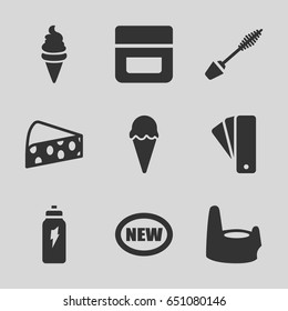 Product icons set. set of 9 product filled icons such as tag, baby potty, mascara, cream, ice cream, cheese, energetic drink