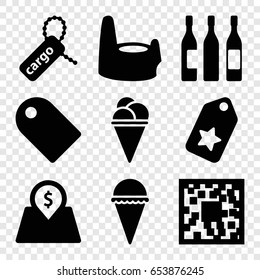 Product icons set. set of 9 product filled icons such as baby potty, ice cream, cargo tag, wine glass, lot price, tag