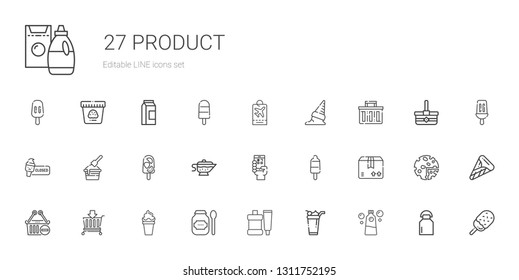 product icons set. Collection of product with detergent, ice cream, toothpaste, products, basket, shopping basket, package, popsicle, qr code. Editable and scalable product icons.