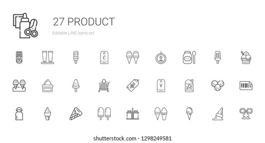 product icons set. Collection of product with ice cream cone, ice cream, milk jar, milk, detergent, tag, basket, popsicle, cream, products. Editable and scalable product icons.