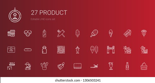 product icons set. Collection of product with ice cream, tooth brush, tag, detergent, farmer, conveyor, turntiles, qr code, milk, baguettes. Editable and scalable product icons.