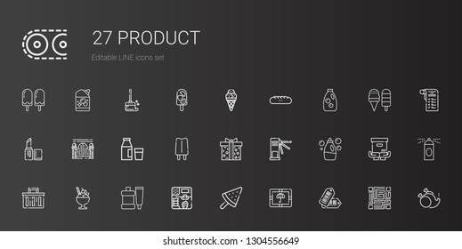 product icons set. Collection of product with tags, package, ice cream, toothpaste, shopping basket, detergent, turnstiles, supermarket gift. Editable and scalable product icons.