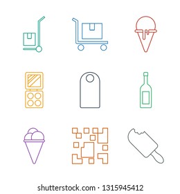 product icons. Trendy 9 product icons. Contain icons such as ice cream, qr code, wine glass, tag, eyeshadow palette, cargo on cart. product icon for web and mobile.