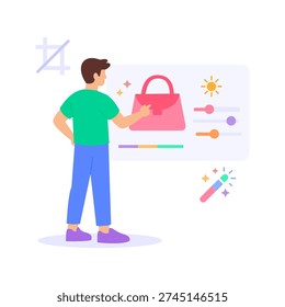 Product Image Editing, enhancing visuals for online listings, Flat vector character illustration