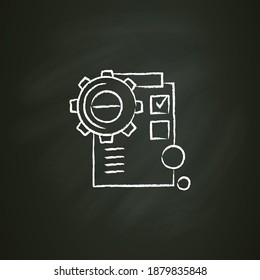 Product implementation chalk icon. Gear sketch with checklist. Concept of creative product application and functionality control. Isolated vector illustration on chalkboard for creative business