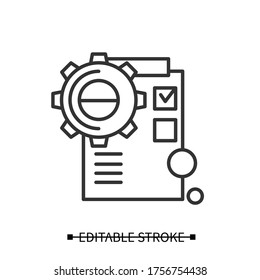 Product implementation icon. Gear line pictogram with checklist. Concept of creative product application and technical functionality control. Editable stroke vector illustration for creative business