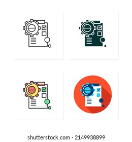Product implementation icons set.Gear with checklist. Creative product application and technical functionality control.Collection of icons in linear,filled,color styles.Isolated vector illustrations