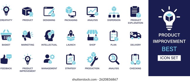 colección de conjunto de iconos de mejora de Producto. Creatividad, diseño, embalaje, análisis, dispersión, explicación de producto, cesta, marketing, intelectual y mejor conjunto de iconos sólidos.