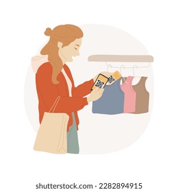 Product info isolated cartoon vector illustration. Attractive teenage girl scanning qr code in store, checking info about product and taking picture of goods, holding package vector cartoon.