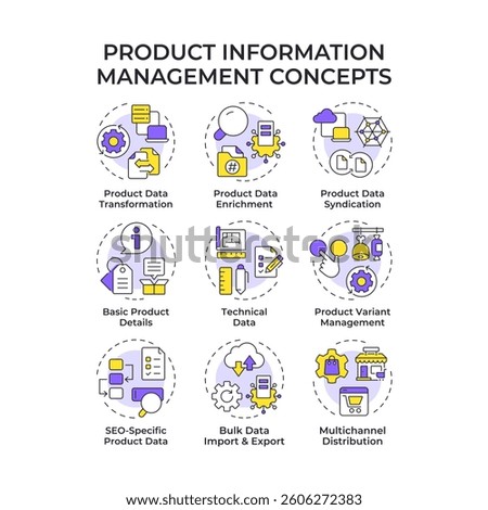 Product information management multi color concept icons. Commercial data analyzing. Goods distribution strategy. Icon pack. Vector images. Round shape illustrations for booklet. Abstract idea