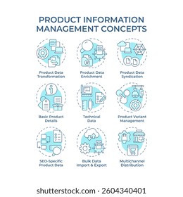 Product information management soft blue concept icons. Commercial data analyzing. Goods distribution strategy. Icon pack. Vector images. Round shape illustrations for booklet. Abstract idea