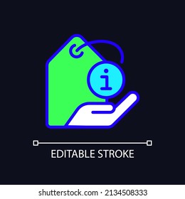 Product information pixel perfect RGB color icon for dark theme. Item description. Material and ingredients. Simple filled line drawing on night mode background. Editable stroke. Arial font used