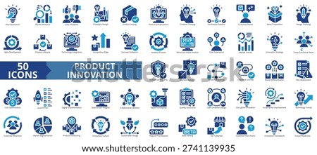 product innovation icon set flat style illustration. containing idea generation, market research, user feedback, design, cost, product testing, creative thinking, customer needs, value proposition