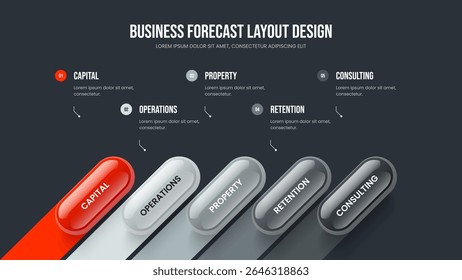 Product Innovation Slide Layout Vector Illustration. Business Review Five Option Infographic Frame Design. Marketing Campaign 5 Element Diagram Presentation Template.