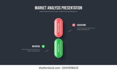Product Innovation Slide Layout Vector Illustration. Business Solution 2 Element Diagram Presentation Design. Market Overview Two Step Infographic Slideshow Template.
