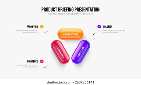Product Insight Three Option Diagram Presentation Layout. Corporate Portfolio 3 Step Infographic Frame Design. Digital Performance Slide Template Vector Illustration.