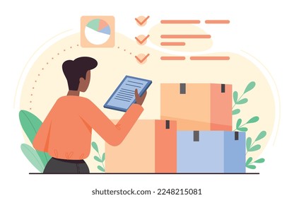 Product inspection concept. Man with tablet stands near cardboard boxes. Quality control and evaluation. Workplace Character, Inspector. Poster or banner for website. Cartoon flat vector illustration