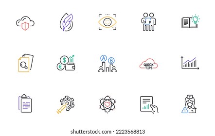 Product knowledge, Currency rate and Clipboard line icons for website, printing. Collection of Document, Ab testing, Coronavirus vaccine icons. Survey, Nurse, Eye detect web elements. Vector