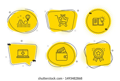 Product knowledge, Debit card and Loyalty award signs. Chat bubbles. Medical help, Cross sell and Roller coaster line icons set. Medicine laptop, Market retail, Attraction park. Vector